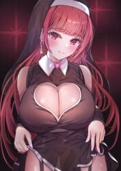 absurd_res blush breasts cleavage cleavage_cutout dress earrings female_only habit highres indie_virtual_youtuber jewelry long_hair mito_soosu nun red_eyes red_hair smile solo