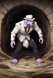 ai_generated big_penis bulge dirty_clothing dirty_feet furry furry_only grossed_out male male_only penis_peeking ripped_clothing sewer tuxedo uhyeah youtube youtuber