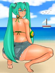 ass beach bikini brasil brazil brazilian brazilian_female brazilian_miku daryoart hatsune_miku shorts sky_blue_hair squatting tanned vocaloid