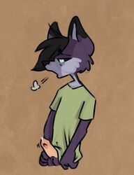 2018 anthro balls black_hair brunorust canine clothing erection feline fur green_eyes hair male mammal open_mouth penis precum purple_fur scott serval shy solo