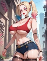 1girls ai_generated blonde_hair clown_makeup crop_top dc dc_comics dyed_hair fishnets harley_quinn highlights_(coloring) huge_breasts jean_shorts lewdwaifulaifu lipstick looking_at_viewer makeup plump_thighs sideboob slim_waist thick_thighs thighhighs thighs twintails underboob