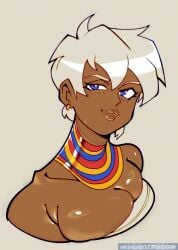 african_theme bedroom_eyes big_breasts bimbo_lips blue_eyes bust_focus choker close_up collarbone colored confident crimsoncoax dark_skinned_female digital_painting earrings elena_(street_fighter) expression facial_focus female female freckles front_view full_color glistening_skin glossy_lips half-closed_eyes half_lidded_eyes hi_res highres hoop_earrings hourglass_figure jewelry large_breasts lips minimalist_background multicolored_necklace muscular_female necklace plump_lips shiny_breasts shiny_lips shiny_skin short_hair sketch_art slim_female smiling smirk smug_expression solo street_fighter striped_necklace sweat_drops thick_lips toned toony upper_body white_hair