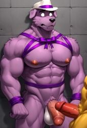 abs ai_generated anonymous_male bara buff furry large_insertion large_muscles large_pecs large_penis male male_only muscular restrained ribbon sweat uhyeah worried worried_expression youtube youtuber