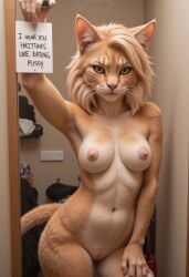 2024 ai_generated anthro breasts carnivalecloudmuncher domestic_cat english_text felid feline felis female female_only front_view fur furry hi_res holding_object holding_sign humor hyperrealistic indoors innie_pussy looking_at_viewer mammal meme navel nipples nude ohio photorealism photorealistic pussy realism realistic self_upload sign smile solo springfield standing tagme tail text