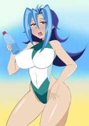 absurd_res beach_background blue_hair blush breasts bryanjoel color colored covered_nipples curvy edit erect_clitoris erect_nipples female gorousanndesu hi_res highleg huge_breasts kamishiro_rio looking_at_viewer navel one-piece_swimsuit open_mouth red_eyes rio_kamishiro solo swimsuit thick_thighs thighs tongue tongue_out yu-gi-oh! yu-gi-oh!_zexal