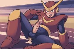 1boy ahe_gao ai_generated android big_dick black_bodysuit blue_eyes cum_dripping gay male male_focus male_only mature_male mega_man mega_man(classic) mega_man_2 no_humans outdoors quick_man red_armor robot robot_penis sitting spread_legs