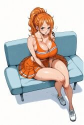 ai_generated alluring almost_naked almost_nude big_breasts blush breasts brown_eyes cheerleader cheerleader_costume cheerleader_outfit cheerleader_uniform earring earrings female female_only looking_at_viewer nami nami_(one_piece) one_piece open_mouth orange_hair ponytail seducing seduction seductive seductive_body seductive_eyes seductive_gaze seductive_look seductive_mouth seductive_pose shiny_hair shiny_skin steamy_breath sweat sweatdrop sweating sweaty sweaty_body tattoo tattoo_on_arm tattooed_arm voluptuous voluptuous_female yashin