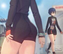 1girls ass ass_closeup belle_(zenless_zone_zero) black_clothing black_shirt black_shorts blue_hair hair_ornament in_game leg_stockings walking zenless_zone_zero