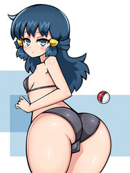 1girls ass back bare_shoulders bent_over big_ass bikini blue_background blue_eyes blue_hair blush breasts cameltoe chro cleavage clothed clothes dawn_(pokemon) female female_only hair_ornament hairclip human long_hair looking_at_viewer looking_back nintendo poke_ball pokemon pokemon_dppt sideboob small_breasts solo standing white_background wide_hips