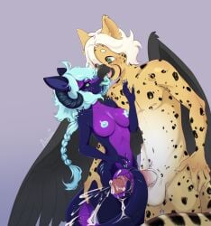 absurd_res aeliana_(artist) anthro areola avian balls beak big_penis birbit bird black_body black_feathers black_sclera black_wings blue_areola blue_hair blue_nipples blue_tongue blush bodily_fluids braided_hair braided_ponytail cefi_(mavis_delcat) cheetah claws cum cum_on_penis cum_on_tail cum_string cumshot curled_horn dragon duo ejaculation feathered_wings feathers felid feline female freckled_face freckles fur genital_fluids genitals grackle green_eyes hair hand_on_butt hand_on_chest hi_res horn hybrid icterid kissing_beak long_hair long_tongue mahlci_gemhorn malachite_(mineral) male male/female mammal markings mythological_creature mythological_scalie mythology navel nipples non-mammal_breasts open_beak open_mouth oscine passerine penis pink_tongue ponytail precum precum_on_penis precum_on_tail purple_underbelly saliva saliva_on_tongue scalie sex short_hair spikes spikes_(anatomy) spots spotted_body spotted_fur standing standing_sex striped_markings striped_tail stripes tail tail_around_penis tail_fetish tail_markings tail_play tail_sex tailjob tongue white_body white_fur white_hair wide_eyed wingless_dragon wings yellow_body yellow_fur