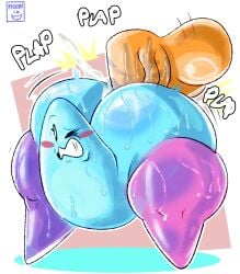 absurd_res armless ass balls big_butt blue_body blush bodily_fluids boe_(land_of_boggs) bogg boggo_(land_of_boggs) cum cum_inside digital_media_(artwork) duo erection female female_penetrated genital_fluids genitals gynomorph gynomorph/female hi_res huge_butt humanoid intersex intersex/female intersex_penetrating land_of_boggs moonix_xero multicolored_body not_furry nude penetration penile penile_penetration penis pink_body rough_sex sex simple_background sweat text thick_thighs wide_hips