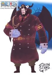 anime beast big_belly big_hands black_hair black_nails chief_warden_magellan flashgritz full_body fully_clothed horns magellan male male_only monkey one_piece pointy_ears prison prison_clothes prison_guard_position prison_uniform prison_warden sharp_teeth taller_male