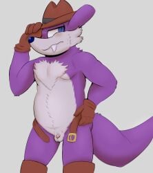 anthro balls belt blue_nose clothing dipodid embarrassed fang_the_hunter flaccid foreskin fur genitals gloves handwear hat headgear headwear hi_res humanoid_genitalia jerboa kaibones looking_away male male_only mammal micropenis penis purple_body purple_fur rodent sega shy small_balls small_penis solo sonic_(series) sonic_the_hedgehog_(series)