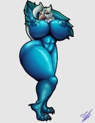 anthro ass avian big_breasts big_butt bird blue_body breasts curvy_figure fan_character female female/female green_eyes hi_res humanoid irc_(artist) nipples nude pinup pose presenting smile solo thick_thighs voluptuous