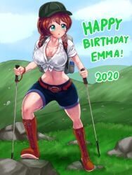 1girls bad_id bad_pixiv_id baiyasan11 blush boots breasts cleavage emma_verde freckles happy_birthday hat hiking large_breasts love_live! love_live!_nijigasaki_high_school_idol_club outdoors shorts sweat tied_shirt wet_shirt