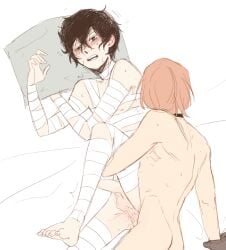 2boys 2male 2males 2men anal anal_insertion anal_sex anus athletic athletic_male bandage bandaged_leg bandaged_legs bandages_around_chest barefoot bed bed_covers bed_sheet bedding_background bedroom bedroom_sex black_choker black_gloves blush bottom_dazai boy boys brown_hair brunet bsd bungo_stray_dogs bungou_stray_dogs choker chuuya_nakahara color colored colour coloured couple dazai_osamu duo duo_focus erect erect_penis erect_while_penetrated erection gay gay_sex gloves in_bed in_love lean_body lean_figure lean_muscle lean_muscles light-skinned_male light_skin male male/male male_focus male_only male_penetrated male_penetrating male_penetrating_male nakahara_chuuya naked naked_boy naked_male nude nude_male nude_male_nude_male osamu_dazai pale-skinned_male pale_skin penetrated penetrating penetration pillow pillows red_hair skinny soukoku