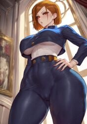 ai_generated ass ass_bigger_than_head big_ass big_breasts big_butt bubble_ass bubble_butt cameltoe confident_female eyeshadow fat_ass fat_butt fit_female from_below hand_on_hip hourglass_figure huge_ass jujutsu_kaisen kugisaki_nobara looking_down_at_viewer low-angle_view nail_polish nailpolish nails nails_painted plump_lips school_uniform slim_waist thick_ass thick_hips thick_legs thick_thighs tight_clothing tiny_waist toned_female wide_hips