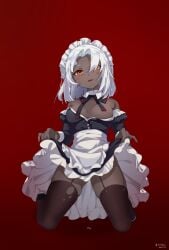 alternate_costume apron artist_name bare_shoulders black_dress black_footwear black_ribbon black_thighhighs breasts calamitas calamity_(terraria_mod) calamity_mod cleavage collar colored_skin commentary covered_nipples cracked_skin cuffed_sleeves dark-skinned_female dark_skin dated detached_collar dress dripping english_commentary female frilled_apron frilled_dress frilled_headwear frills garter_straps hands_up highres horns juliet_sleeves kneeling large_breasts long_sleeves looking_at_viewer maid maid_apron maid_headdress medium_hair momodzmz neck_ribbon nipples orange_eyes parted_bangs parted_lips partially_unbuttoned puffy_sleeves pussy_juice red_background ribbon saliva skindentation skirt_hold solo suggestive_fluid teeth terraria thighhighs upper_teeth_only white_apron white_background white_collar white_hair white_horns