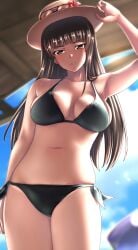 armpits bikini black_eyes breasts brown_hair day eyewear_on_headwear female flower frown girls_und_panzer halterneck kobamiso_(kobalt) large_breasts long_hair looking_at_viewer mature_female navel nishizumi_shiho outdoors sky solo swimsuit