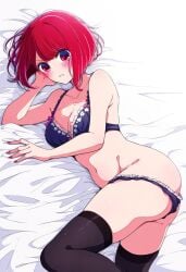 ai_assisted ai_generated angry arima_kana ass bare_arms bare_belly bare_shoulders bed bed_sheet belly_button black_thighhighs blue_bra blue_panties blue_underwear blush bra breasts butt_crack cleavage collarbone hand_on_own_cheek jei_games lying medium_breasts nail_polish on_side oshi_no_ko panties panties_down parted_lips red_eyes red_hair red_nails short_hair thighhighs thighs underwear underwear_only zettai_ryouiki