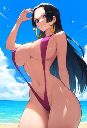 1girls ai_generated beach belly belly_button big_breasts bikini bikini_top black_hair blue_eyes boa_hancock cleavage female female_only keinovelnovelai light-skinned_female light_skin ocean one_piece revealing_clothes sideboob sling_bikini solo