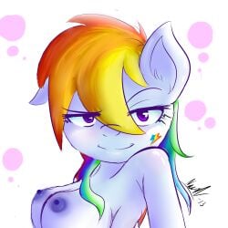 1:1 2013 absurd_res anthro anthrofied areola blue_body blue_fur breasts equid equine eyebrows eyelashes female friendship_is_magic fur hair hasbro hi_res horse looking_at_viewer mammal multicolored_hair my_little_pony nac0n nachan nipples pony purple_eyes rainbow_dash_(mlp) rainbow_hair smile solo