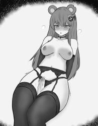 1boy 1girls animal_ears areolae bear_ears bear_girl belly_button big_breasts black_and_white blush breasts embarrassed eyebrows_visible_through_hair fujikura_uruka garter_belt garter_straps hair_ornament kannunny_(niikyukyu) monochrome nipples nose_blush panties penis phase_connect phase_origins stockings thick_eyebrows thigh_sex virtual_youtuber