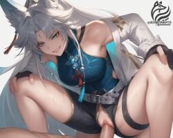 1boy 1girls ai_generated animal_ears ayakonarts blue_eyes cowgirl_position feixiao_(honkai:_star_rail) female femdom fox_ears fox_girl foxian honkai:_star_rail looking_at_partner male male/female mihoyo penis pussy riding smile squatting vaginal_penetration white_hair