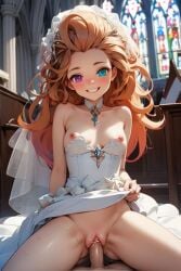 ai_generated church collar cowgirl_position cum cum_inside hair_ornament happy happy_sex heterochromia league_of_legends league_of_legends:_wild_rift nipples orange_hair pussy smile smiling wedding_dress zoe_(league_of_legends)