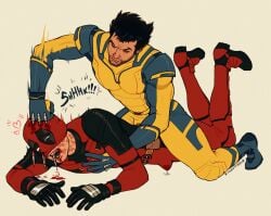 2boys bara bleeding blood boner bulge claws deadpool deadpool_&_wolverine_(2024) erection erection_under_clothes fully_clothed gay guro heart leaking_precum logan_(x-men) male male_only marvel marvel_comics on_stomach ren_valentine scar superhero_costume violence wade_wilson wolverine_(x-men) x-men yaoi