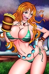 1girls bangs beer big_breasts bikini bikini_bottom bikini_top blush breasts brown_eyes dialogue drinking eyelashes female female_only flores huge_breasts light-skinned_female long_hair looking_at_viewer monkey_d_luffy naked nami nami_(one_piece) one_piece orange_hair outdoors post-timeskip seductive_look sidelocks smile solo solo_female striped_bikini tattoo teasing toei_animation