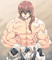 abs ambush_(trap) androgynous blue_eyes brown_hair jin-jin looking_at_viewer male male_only muscles muscular muscular_male muscular_trap navel nipples pecs ponytail scar solo trap