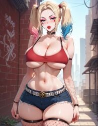 1girls ai_generated blonde_hair clown_makeup crop_top dc dc_comics dyed_hair fishnets harley_quinn highlights_(coloring) huge_breasts jean_shorts lewdwaifulaifu lipstick looking_at_viewer makeup plump_thighs sideboob slim_waist thick_thighs thighhighs thighs twintails underboob