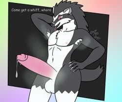 absurd_res anthro armpit_hair ash_the_skunk balls big_penis bodily_fluids body_hair claws dripping fur generation_8_pokemon genital_fluids genitals grey_body grey_fur hi_res huge_cock humanoid male markings musk musk_clouds nintendo nipples obstagoon penis pokemon pokemon_(species) precum precum_drip presenting presenting_penis solo tail white_markings