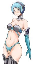 1girls armor armored_female battle_panties bikini bikini_armor blue_eyes blushing cameltoe choker cleavage collar female female_only front_view fuuka_yamagishi high-cut_armor_(persona) hole_in_panties hourglass_figure light_blue_hair looking_at_viewer medium_breasts nero_watch official_alternate_costume open_crotch persona persona_3 persona_3:_dancing_in_moonlight posture_collar pubic_hair pussy revealing_clothes skimpy_clothes thick thick_thighs thigh_boots thighs