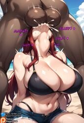 ai_generated beach big_breasts bikini bikini_top blowjob breasts cleavage collarbone cum cum_in_mouth cum_inside curvaceous curvaceous_female curvaceous_figure curvy curvy_female curvy_figure dark-skinned_male deepthroat erza_scarlet fairy_tail fellatio female hi_res highres huge_breasts interracial interracial_sex jean_shorts large_breasts mature mature_female mature_woman milf oral oral_sex outside razorthreat red_hair shorts stable_diffusion sucking sucking_penis swallowing swallowing_cum swallowing_penis_while_deepthroat sword_swallowing_position text throat_bulge throat_fuck voluptuous voluptuous_female