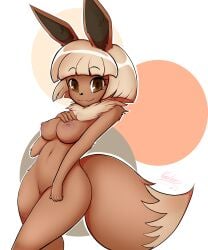 anthro areola barely_visible_genitalia barely_visible_pussy breasts brown_areola brown_body brown_nipples digital_media_(artwork) eevee female fur generation_1_pokemon genitals hair hi_res java_(nachan) looking_at_viewer medium_breasts nachan nintendo nipples nude pokemon pokemon_(species) pokemorph pussy simple_background smile solo tail