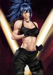 1girls belt blue_eyes blue_hair earrings female gloves king_of_fighters leona_heidern light-skinned_female light_skin medium_breasts military military_clothing necklace pants pockets tank_top