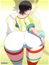 1girls ass ass_focus ass_grab big_ass black_hair blue_eyes breasts female female_only highres hololive hololive_gen_2 hololive_japan huge_ass layerth light-skinned_female light_skin looking_back naughty_face oozora_subaru pussy short_hair shorts sideboob smile solo stockings striped_shirt t-shirt virtual_youtuber watermark