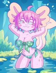 axolotl big_ass big_breasts green_bikini nature_background pink_eyes pink_hair pink_skin smiley_face tail terrordark tik_tok vitzy_(vitzypie) vitzypie water wet