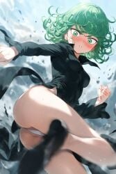 ass bare_legs blush embarrassed green_eyes green_hair hodarake long_sleeves looking_down one-punch_man panties petite petite_body petite_female skirt slim slim_waist smaller_female tatsumaki teenager thick_thighs tight_clothing viewed_from_below