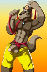 abs anthro armor balls better_version_at_source brown_eyes canine clothing firefighter firefighter_helmet helmet jewelry lupus_signatus male male_only mammal muscular muscular_male necklace penis solo underwear wolf