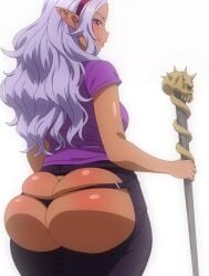 1girls ass ass_squish big_ass dark-skinned_female dark_elf dark_skin elf elf-san_wa_yaserarenai elf_ears elf_female fat_ass female female_only hairband hi_res kuroeda long_hair looking_at_viewer looking_back looking_back_at_viewer magic_staff mole mole_under_eye nofuture pointy_ears purple_hair rear_view red_eyes smile solo thick_ass white_background