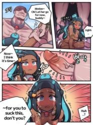 1girls betrayal big_penis black_body blowjob blue_eyes breeding breeding_slave comic creeeen crying cum cum_in_pussy dark-skinned_female degradation english_text female gangbang human impregnation male multiple_boys nessa_(pokemon) penis petite pokemon pregnant rape text trapped