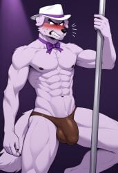 abs ai_generated angry anthro blush bowtie bulge embarrassed furry male male_only muscular pole pole_dancing thong uhyeah youtube youtuber