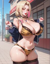 1girls ai_generated blonde_hair bra brown_eyes gyaru highlights_(coloring) honey_brown_eyes legwear lewdwaifulaifu looking_at_viewer makeup massive_breasts mommy nails nails_painted naruto panties tsunade