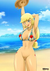 1girls abs applejack_(eg) applejack_(mlp) armpits beach bikini_top blonde_hair boobieboom bottomless bottomless_female breasts cowboy_hat equestria_girls erect_nipples erect_nipples_under_clothes female female_only freckles friendship_is_magic green_eyes hasbro micro_bikini my_little_pony pussy solo solo_female stetson vulva water