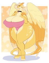 anthro big_breasts blonde_hair breasts choker dark_sclera dragon feathered_wings feathers female hair hi_res huge_breasts jewelry long_neck mature_female milf mythological_creature mythological_scalie mythology necklace non-mammal_breasts reddandwhyte scalie solo thick_thighs wings