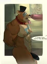 absurd_res arms_tied bathroom bear big_pecs big_penis bodily_fluids body_hair bodypaint bondage bound clothing collar cum cum_in_mouth cum_inside cumshot cumshot_in_mouth cumshot_on_face deltoids dialogue dominant dominant_male ejaculation english_text erection five_nights_at_freddy's five_nights_at_freddy's:_security_breach genital_fluids genitals glamrock_freddy half-erect hands_behind_back hat headgear headwear hi_res kneeling leash male male/male mammal muscular muscular_male nipple_clamp nipple_fetish nipple_play nipples open_mouth patadeperro pecs penis penis_sniffing precum public public_nudity public_sex public_use running_makeup scottgames sex sniffing steel_wool_studios submissive submissive_male text tongue tongue_out