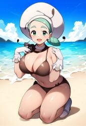 1girls ai_generated beach belly belly_button big_breasts bikini bikini_top cleavage creatures_(company) female game_freak green_hair gym_leader katy_(pokemon) keinovelnovelai light-skinned_female light_skin nintendo npc_trainer ocean pokemon revealing_clothes solo